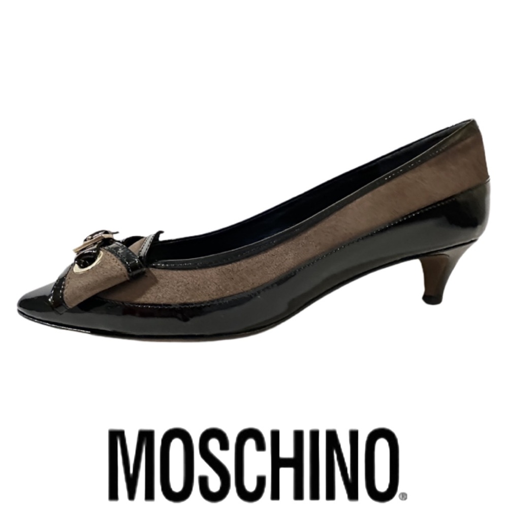 MOSCHINO | Patent Leather Suede Point Toe Bow Kitten Pump Heel Pump Shoe